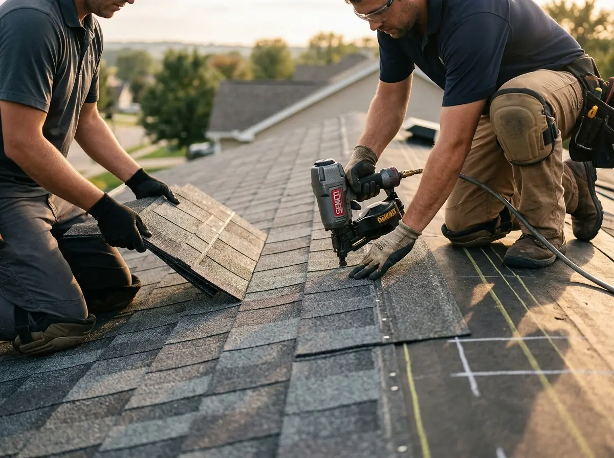Professional roofer working on a residential roof in Burke Centre